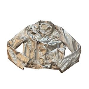 Stoosh Moto Jacket Women Silver Metallic Faux Leather Biker Belted SIZE S